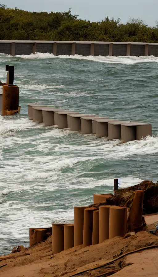 Prompt: beautiful color pentax photograph of pristine frank lloyd wright storm surge barriers. distant shot, wide angle