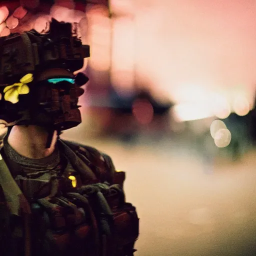 Image similar to close up kodak portra 4 0 0 photograph of a futuristic soldier after the battle standing in dark forestin crowd, flower crown, moody lighting, telephoto, 9 0 s vibe, blurry background, vaporwave colors, faded