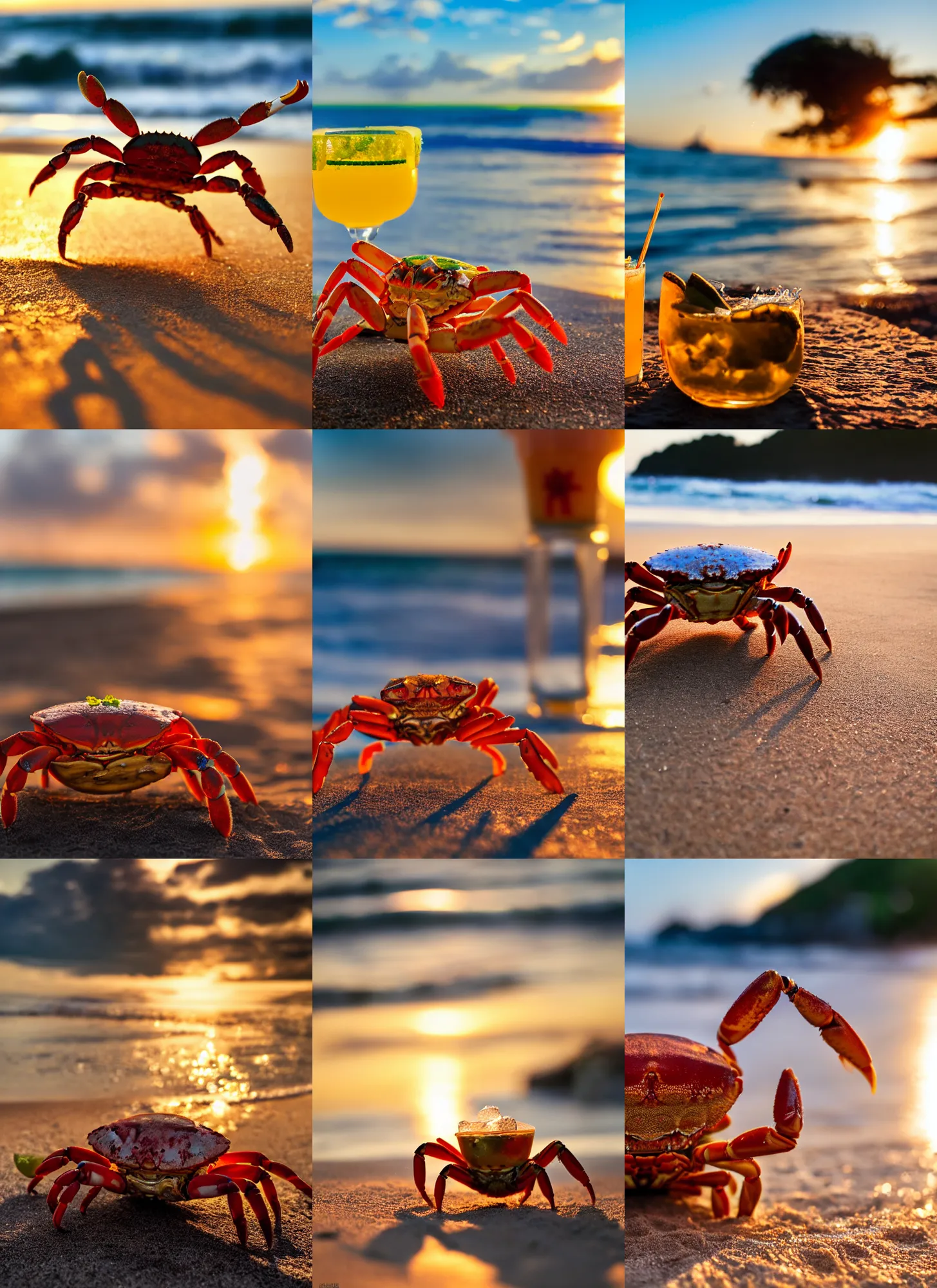 Prompt: a happy crab drinking a caipirinha in a beach, golden hour, bokeh, 4k