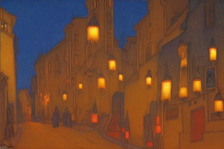 Prompt: winding street at twilight in a very old very beautiful city by Thomas Seddon and Nicholas Roerich and jean delville, glowing paper lanterns, strong dramatic cinematic lighting , ornate tiled architecture, lost civilizations, smooth, sharp focus, extremely detailed