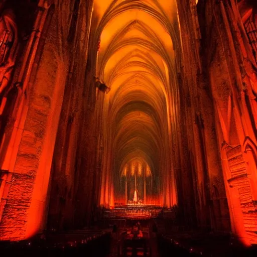 Image similar to A dark cathedral made up of red sandstone lit up by a torches. In the middle of the cathedral is a bonfire surrounded by cultists in red hoods. Their backs facing towards the camera. Dream like.