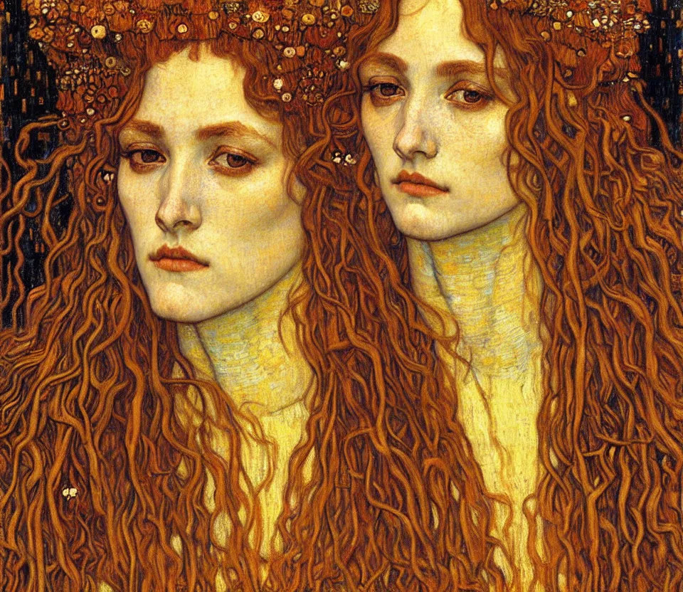 Image similar to detailed realistic beautiful young medieval queen face portrait by jean delville, gustav klimt and vincent van gogh, art nouveau, symbolist, visionary, gothic, pre - raphaelite, muted earthy colors, desaturated