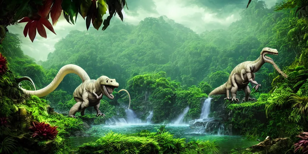 Prompt: a ghost dinosaur in a prehistoric jungle, lush flora, waterfall, mountains, dark towering clouds, flowers, vines, sunset, volumetric lighting, rtx on, washed out colors, an award winning digital render, beautiful, ultradetailed, great composition