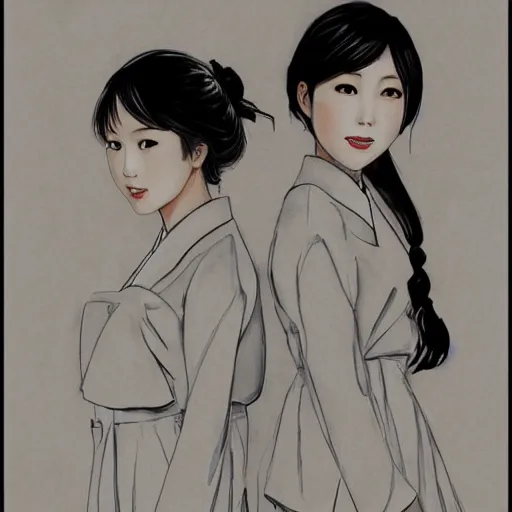 Image similar to a perfect, realistic professional digital sketch of two Japanese schoolgirls posing, in style of Marvel, full length, by pen and watercolor, by a professional American senior artist on ArtStation, a high-quality hollywood-style sketch, on high-quality paper