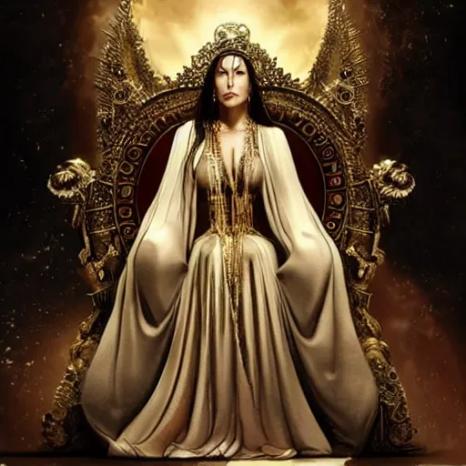 Prompt: Monica Bellucci as a Goddess sitting on a throne, Highly detailed, concept art