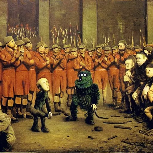 Image similar to A photo of elmo giving the troops a speech after long years of war, suffering, dark, historical moment, emotional, impressive, by Vasily Vereshchagin