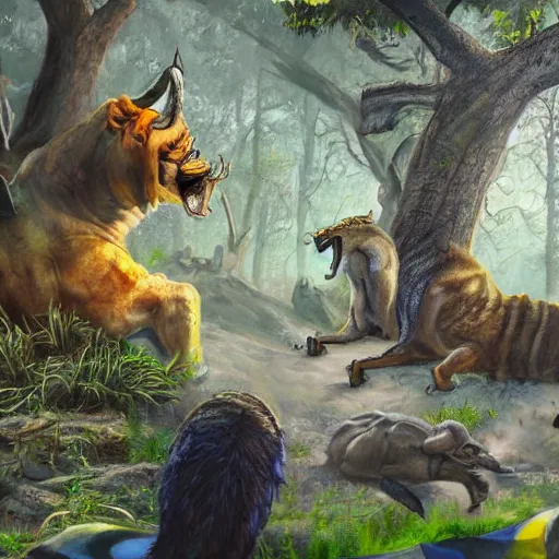 Prompt: concept art for a first person shooter game set in a zoo, oil painting, realistic, 4 k, stunning, intense, colourful, animals