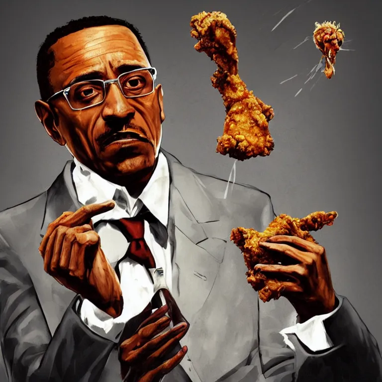 Prompt: concept art of Gustavo Fring from Breaking Bad ominously eating a fried chicken, trending on artstation, extremely detailed, cinematic lighting, cinematic angles, 8k, horror