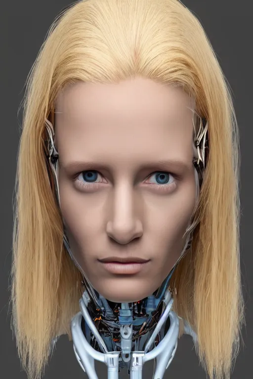 Image similar to robot with human face, female head, full body angle, woman human face, human face realistic, beautiful blonde hair, human head, human head with blonde hair, blonde hair human head, blonde hair, human realistic face, human head skin, cyborg frame concept, cyborg by ales-kotnik, sci-fi android female, the body is made of wires, robotic body, cyborg body, cyborg bust body, robot body cyborg, full body