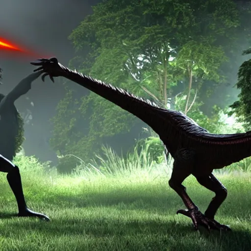 Prompt: a velociraptor from jurassic park with a lightsaber fights darth vader, global illumination radiating a glowing aura global illumination ray tracing hdr render in unreal engine 5