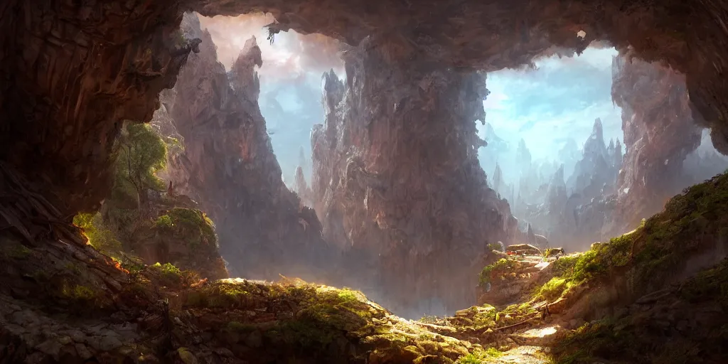 Prompt: A beautiful hyper realistic detailed matte painting of an entrance to a dungeon of the gods at the base of an ancient mountain, dramatic lighting, dynamic lighting, cinematic lighting, lit by morning light, by Finnian MacManus and Jessica Rossier, unreal engine, featured on artstation, ultrawide angle, f8, polarizer filter