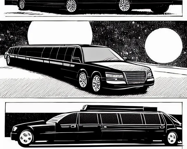 Prompt: three panels from a cell shaded comic book showing a big fat limousine, in front of a big moon, illustration, wide shot, muted colors, post grunge, concept art by josan gonzales and wlop, david rubin, mike mignola, laurie greasley, highly detailed, sharp focus, trending on artstation, hq, deviantart, art by artgem