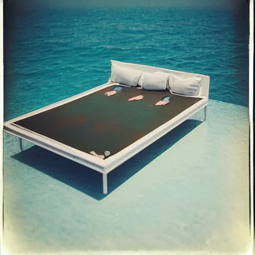 Image similar to grainy Polaroid film photograph of an empty bed with silk sheets floating in the middle of the ocean. super resolution. surreal. Extremely detailed. Polaroid 600 film. by Annie Leibovitz and Richard Avedon