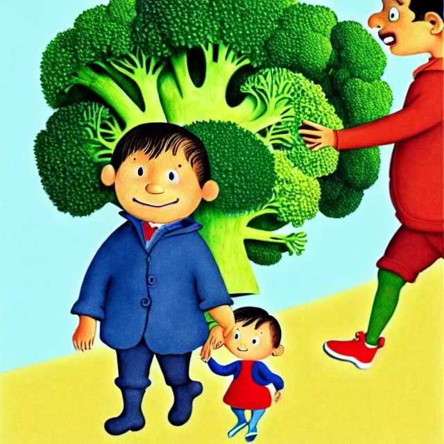 Prompt: professional kids book illustration of a Spanish !toddler! boy walking with a friendly anthropomorphic broccoli, best on artstation,, astonishing, impressive, outstanding, cheerful, stunning, masterpiece by Maurice Sendak, Eric Carle, and Beatrix Potter.