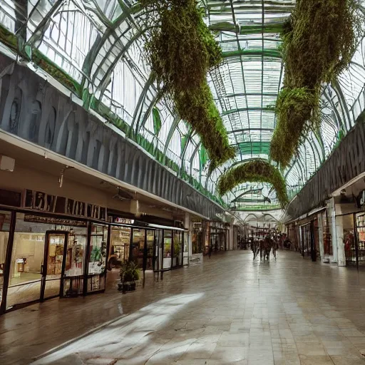 Image similar to a huge indoor mall from a byegone era, the faded signs are all that remains of the nostalgia of the past, the floor is overgrown with moss and vines, the skylight windows were broken open long ago, allowing for sunbeams to stream in, illuminating the ground with a soft glow