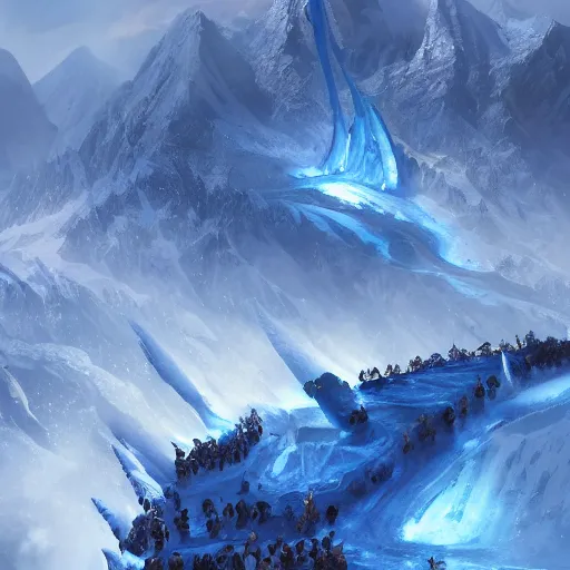 Prompt: blue glacier volcano eruption, blue glacier volcano eruption, blue liquid and snow, snow army war, war armies under the mountain, ice cold blue theme, bright masterpiece artstation. 8 k, sharp high quality artwork in style of jose daniel cabrera pena and greg rutkowski, concept art by tooth wu, blizzard warcraft artwork, hearthstone card game artwork