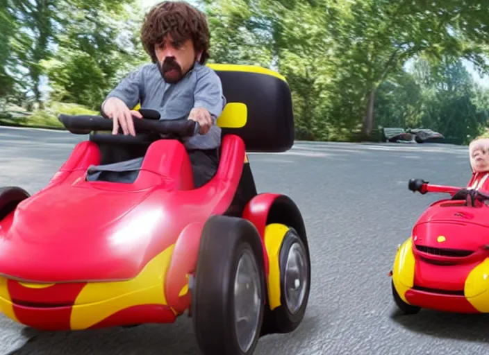 Image similar to peter dinklage racing gary coleman driving a little tikes cars, movie still, from the new fast and furious movie, 8 k, realistic