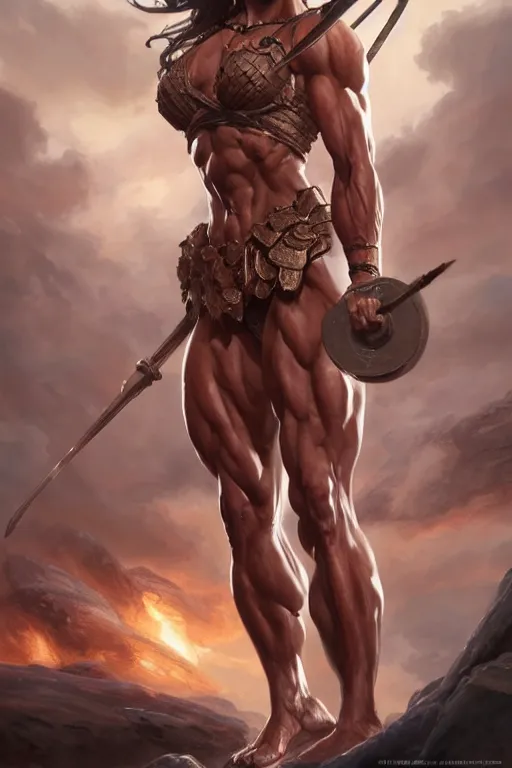 Image similar to goddess of war, accurate anatomy, IFBB fitness body, only two hands, highly detailed, digital painting, artstation, concept art, smooth, sharp focus, illustration, Unreal Engine 5, 8K, art by art by artgerm and greg rutkowski and edgar maxence