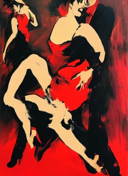 Image similar to tango dancerin in black and red dress, painting by phil hale, fransico goya,'action lines '!!!, graphic style, visible brushstrokes, motion blur, blurry, visible paint texture, crisp hd image