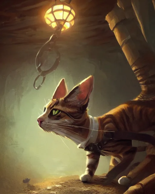 Image similar to oil painting of anthropomorphized tricolor cat, detective clothes, close shot, full body, dark steampunk mine shaft background, sharp focus, fantasy style, octane render, volumetric lighting, 8k high definition, by greg rutkowski, highly detailed, trending on art Station, dungeons and dragons artwork, centered