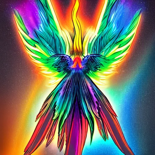 Image similar to An image of an expressive wings open phoenix with iridescent feathers standing on a pile of grey ashes and glowing coal. The phoenix is surrounded by a bright light and waves of fire with a neon bright glowing circular rainbow. Black smoke wafts from the coal.