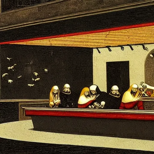 Prompt: Nighthawks by Leonardo DaVinci, illustration, highly detailed, HD