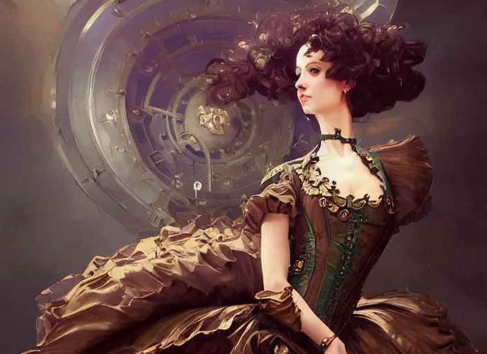 Prompt: ballroom, rgb, thin, model, short black curly hair, round face, steampunk princess dress, amazing composition & dynamic posing, by franz xavier leyendecker, wlop! muted colors, highly detailed, fantasy art by craig mullins, thomas kinkade cfg _ scale 9