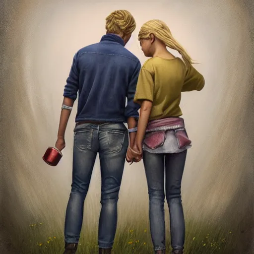 Prompt: a highly detailed portrait from behind of a young couple from the side, holding a tin can, remote icelandic village, summer, jeans and t shirt, blonde hair, muted colors, by tom bagshaw, trending on artstation,