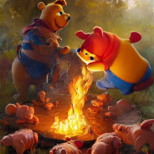 Image similar to close up of winnie the pooh spit roasting a whole pig over a fire, cinematographic shot, by daniel f. gerhartz