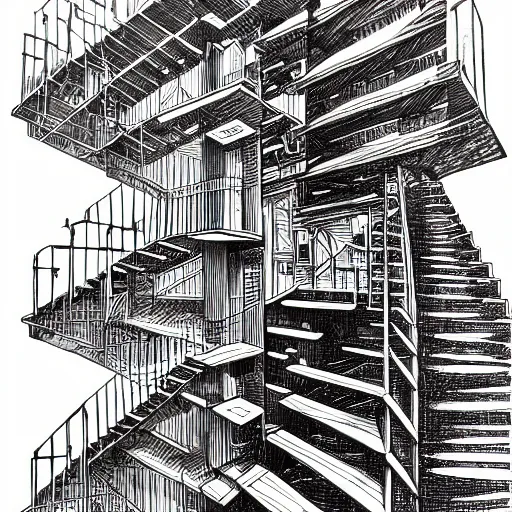 Image similar to optical illusion connected staircases, pen and ink, M.C.Escher, insanely detailed, 4K,