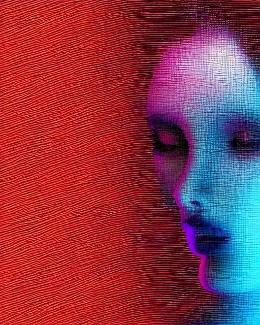 Image similar to A broken monitor with the calm face of an AI woman on it. Very very very strong glitches on the monitor. The face is glitches. Scanlines and jitter effects. Extremely high detail, glitchcore, glitches, glitch, cyberpunk, deep colors, 8k render