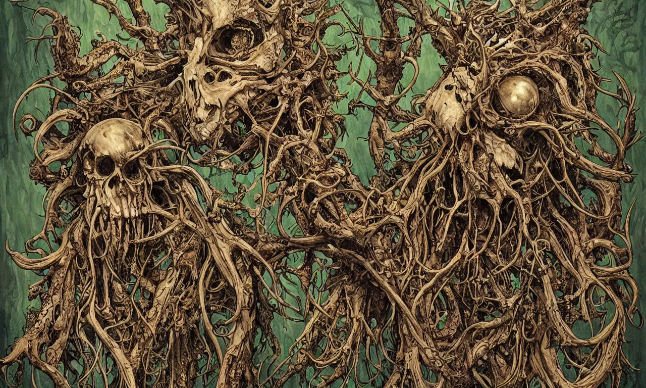 Image similar to hyperdetailed art nouveau portrait of treebeard as a cthulhu eyeball skull wendigo cryptid, by geof darrow, simon bisley and bill sienkiewicz, grim yet sparkling atmosphere, photorealism, claws, skeleton, antlers, fangs, forest, wild, crazy, horror, lynn varley, lovern kindzierski, steve oliff