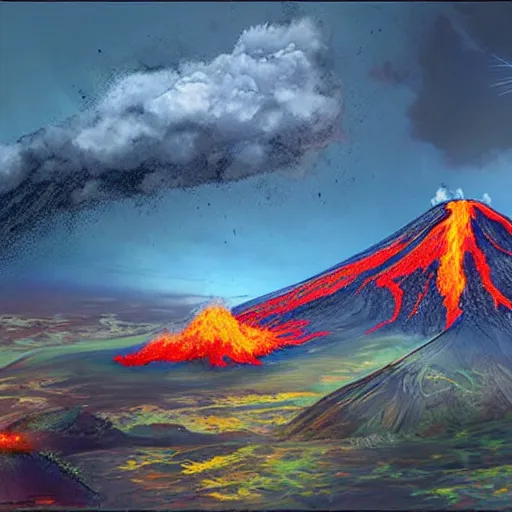 Image similar to volcano, concept art, illustrated, highly detailed, high quality, bright colors, optimistic,