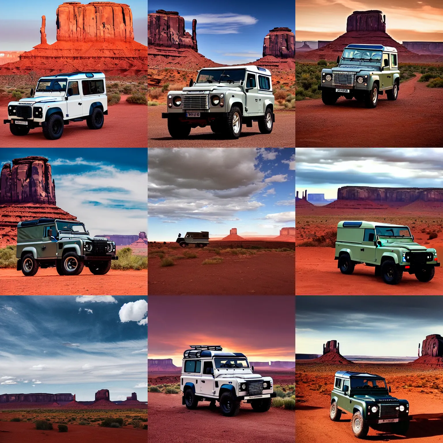 Prompt: A vintage Land Rover Defender drives within a dramatic vista in monument valley, cinemstic sky and light