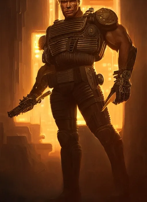 Image similar to portrait of schwarzenegger as dystopian bounty hunter, intricate, elegant, glowing lights, highly detailed, digital painting, artstation, glamor pose, concept art, smooth, sharp focus, illustration, art by artgerm and greg rutkowski, artey freytag