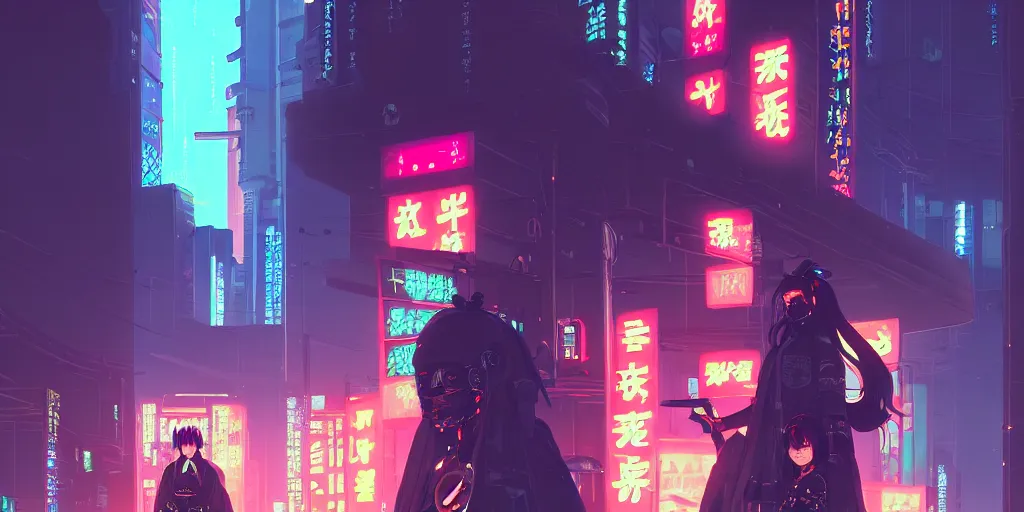 Image similar to digital illustration closeup portrait of cyberpunk samurai in city street at night by makoto shinkai, ilya kuvshinov, lois van baarle, rossdraws, basquiat | afrofuturism, in the style of hearthstone, trending on artstation | cool color scheme