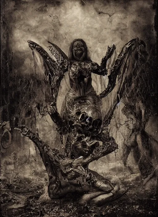 Image similar to old wetplate daguerreotype demons, devil, pain, anger, desolation, angel, explosion of data fragments, fractal, intricate, elegant, highly detailed, parallax, leica, medium format, subsurface scattering, by jheronimus bosch and greg rutkowski and louis jacques mande daguerre