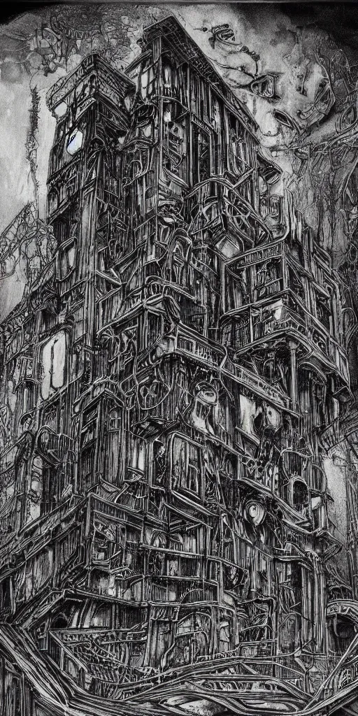 Image similar to a lovecraftian highly detailed ink sketch of a cyberpunk ruin by h. r giger in the style of art - deco art, 8 k