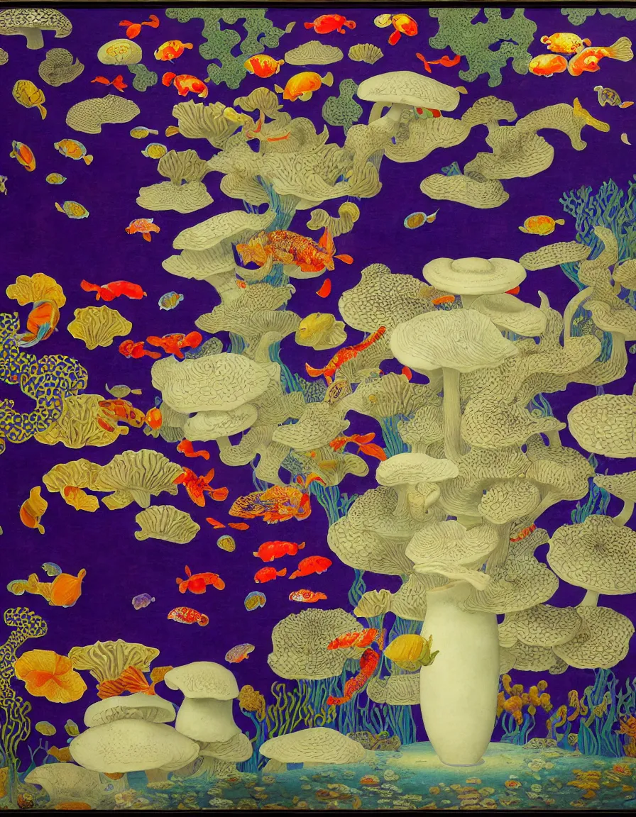 Prompt: vase of mushroom in the sky and under the sea decorated with a dense field of stylized scrolls that have opaque purple outlines, with koi fishes, ambrosius benson, oil on canvas, hyperrealism, light color, no hard shadow, around the edges there are no objects