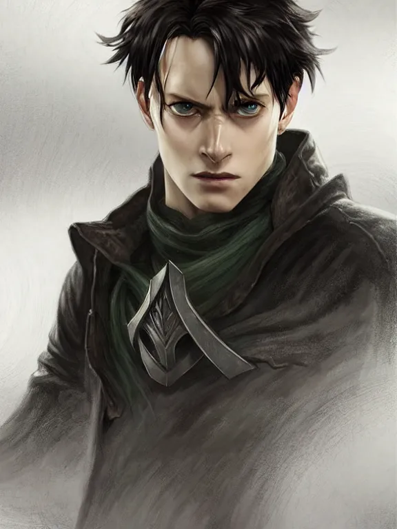 Image similar to levi ackerman, the lord of the rings, hyper detailed,, 8 k realistic, trending in artstation, digital painting, studio quality, cryengine, frostbite 3 engine, character design, smooth, sharp focus, art by artgerm and greg rutkowski and alphonse mucha and ian sprigger and wlop and krenz cushart