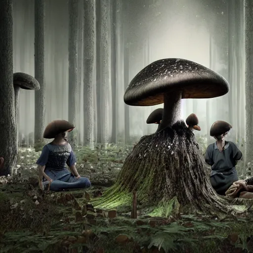 Image similar to mushroom goddess with group of elders in a ceremony for plant medicine, beautiful, hiroya oku, yoshitaka amano, chris cunningham, black and white, beautiful lighting, cinematic still, inspired by funky forest, 3 d render, 8 k