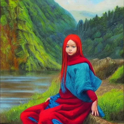 Prompt: “prompt Young Harpy-Girl, red feathered wings, wearing Inka clothes, sad expression, sitting at a pond, mountainous area, trees in the background, oil painting”