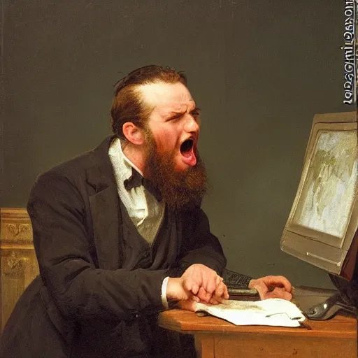 Image similar to an angry man yells at his computer monitor, oil on canvas, 1 8 8 3, highly detailed