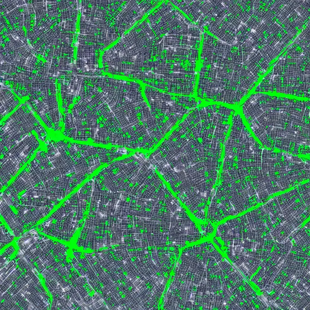 Image similar to satellite view imagery of advanced alien civilisation with large public transport. Green glowing factory. Extreme zoom, housed visible.