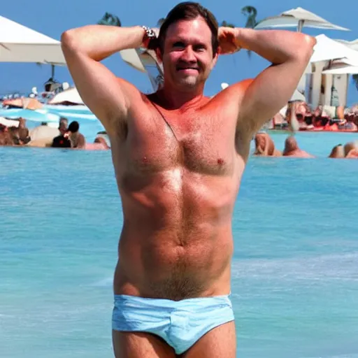 Image similar to photo of a 4 0 year old white man living the best life possible. he looks young for his age. women in bikinis can be seen behind him, it's as if he were in a music video and didn't know it.