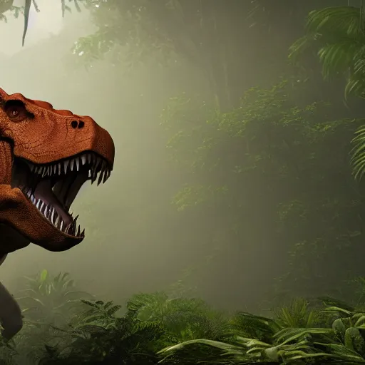 Image similar to unreal engine hyperreallistic render 8k of two trex tyrannosaurus rex dinosaurs fighting in the misty jungle action shot