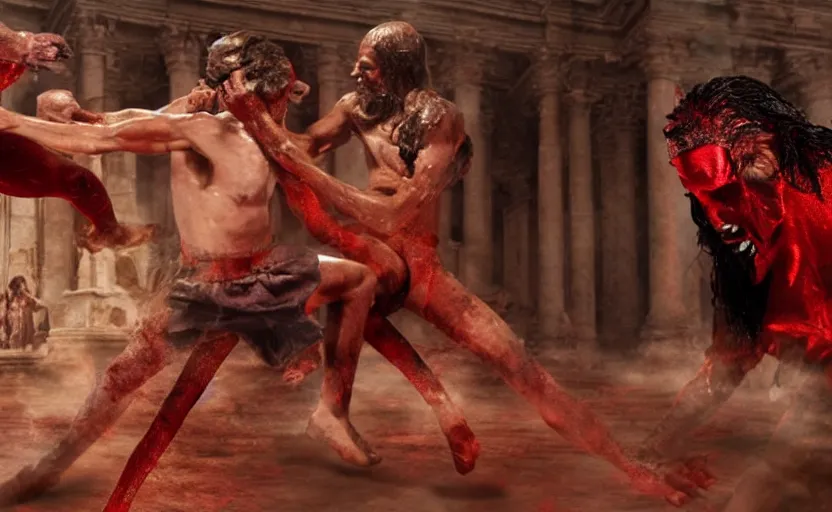 Prompt: hyperrealistic photo of Jesus Christ punching red-skinned Satan devil demon in the face on the floor of the Roman Coliseum, 8k cinematic, epic fight scene, directed by Michael Bay