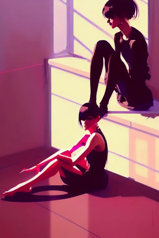 Image similar to a ultradetailed beautiful painting of a stylish woman sitting on the floor of a tiled room, by greg rutkowski, conrad roset, and ilya kuvshinov trending on artstation