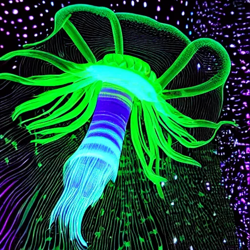 Prompt: black background, colorful bioluminescence green glowing jellyfish, black background, very very very detailed, national geographic, studio lightning, 8 k, high definition
