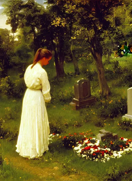 Image similar to artwork painting of a lush environment, a woman is laying flowers by a grave tombstone by eugene von guerard, ivan shishkin, john singer sargent